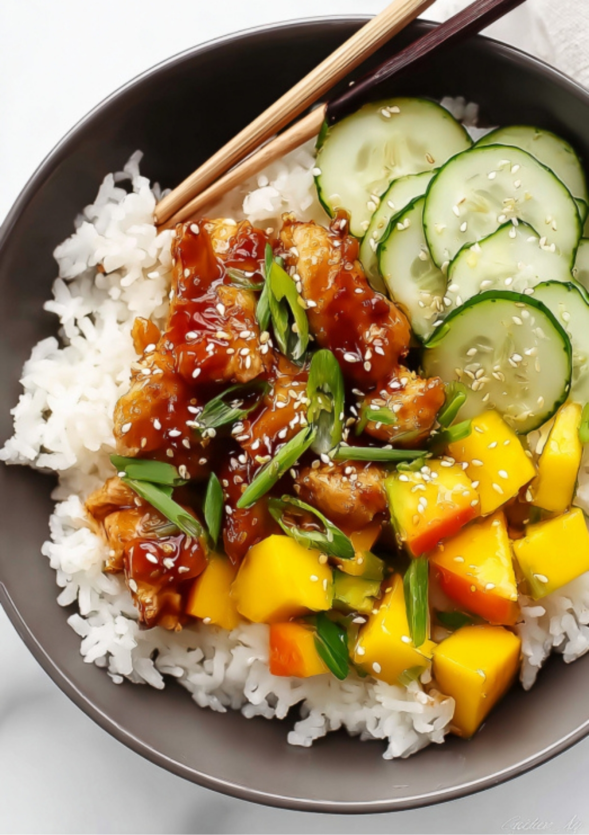 A bowl of steamed white rice topped with soy glazed chicken, diced mango, cucumber slices, green onions, and sesame seeds, with chopsticks resting on the bowl.