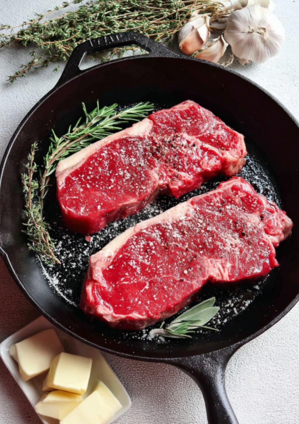 Raw steaks in a cast iron pan with rosemary, thyme, sage, and butter on the side. Perfect for preparing garlic herb steak and steakhouse style cooking at home.
