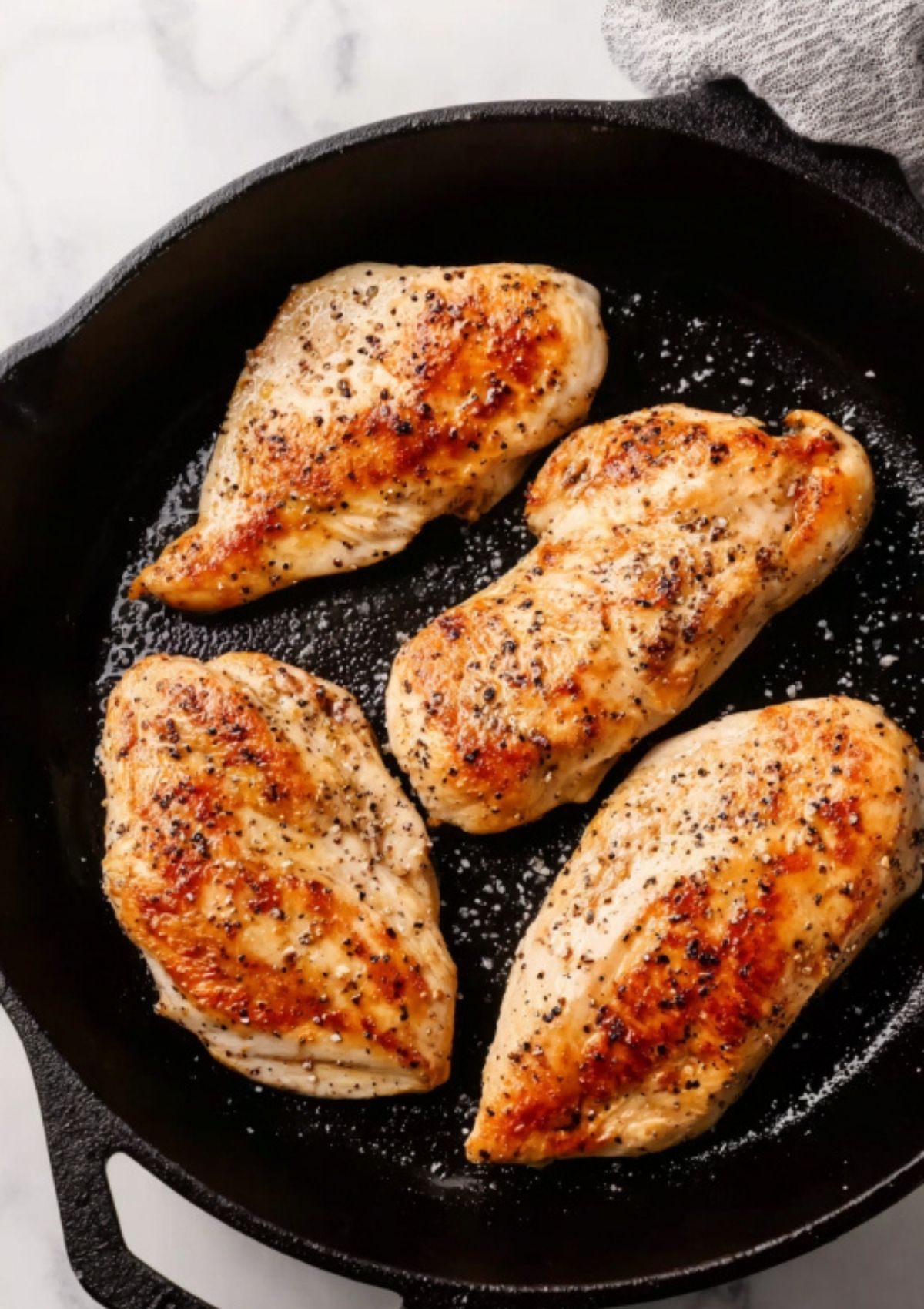 Chicken breasts sizzling in a cast iron skillet, seasoned and ready for Caprese toppings.
