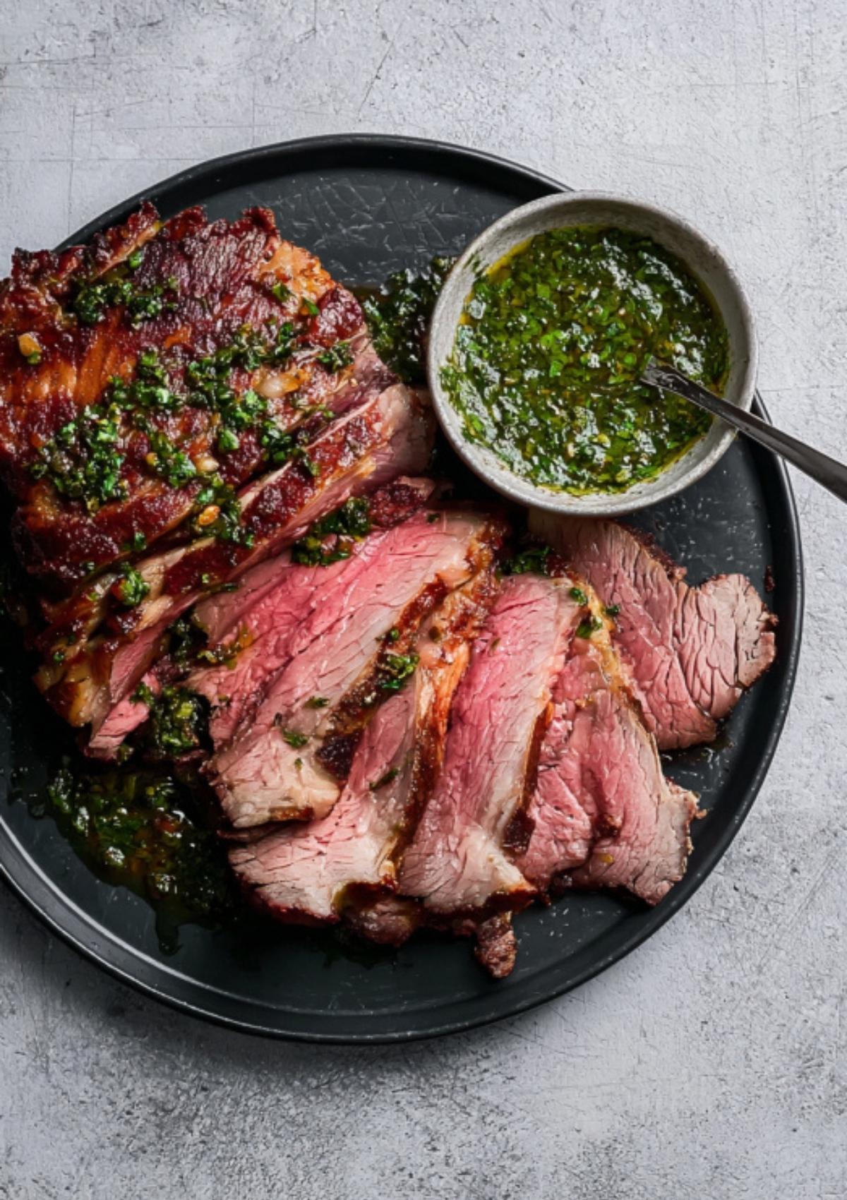 Juicy sliced chuck roast on a black plate served with homemade chimichurri sauce. Perfect for summer grilling, holiday dinners, and easy family meals.