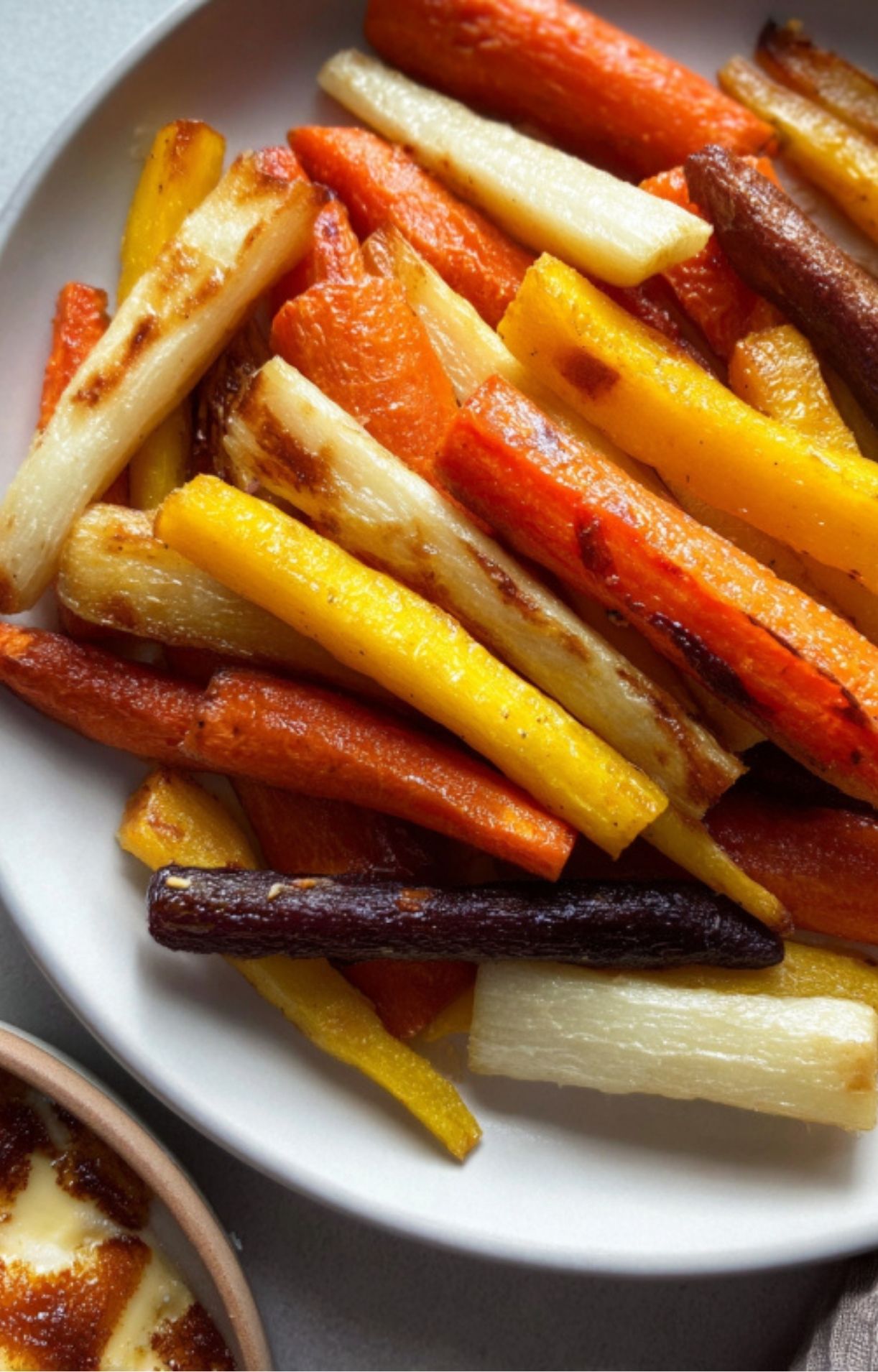 Tray of honey-glazed rainbow carrots, roasted until caramelized—ideal vegetable side for a British Sunday roast.