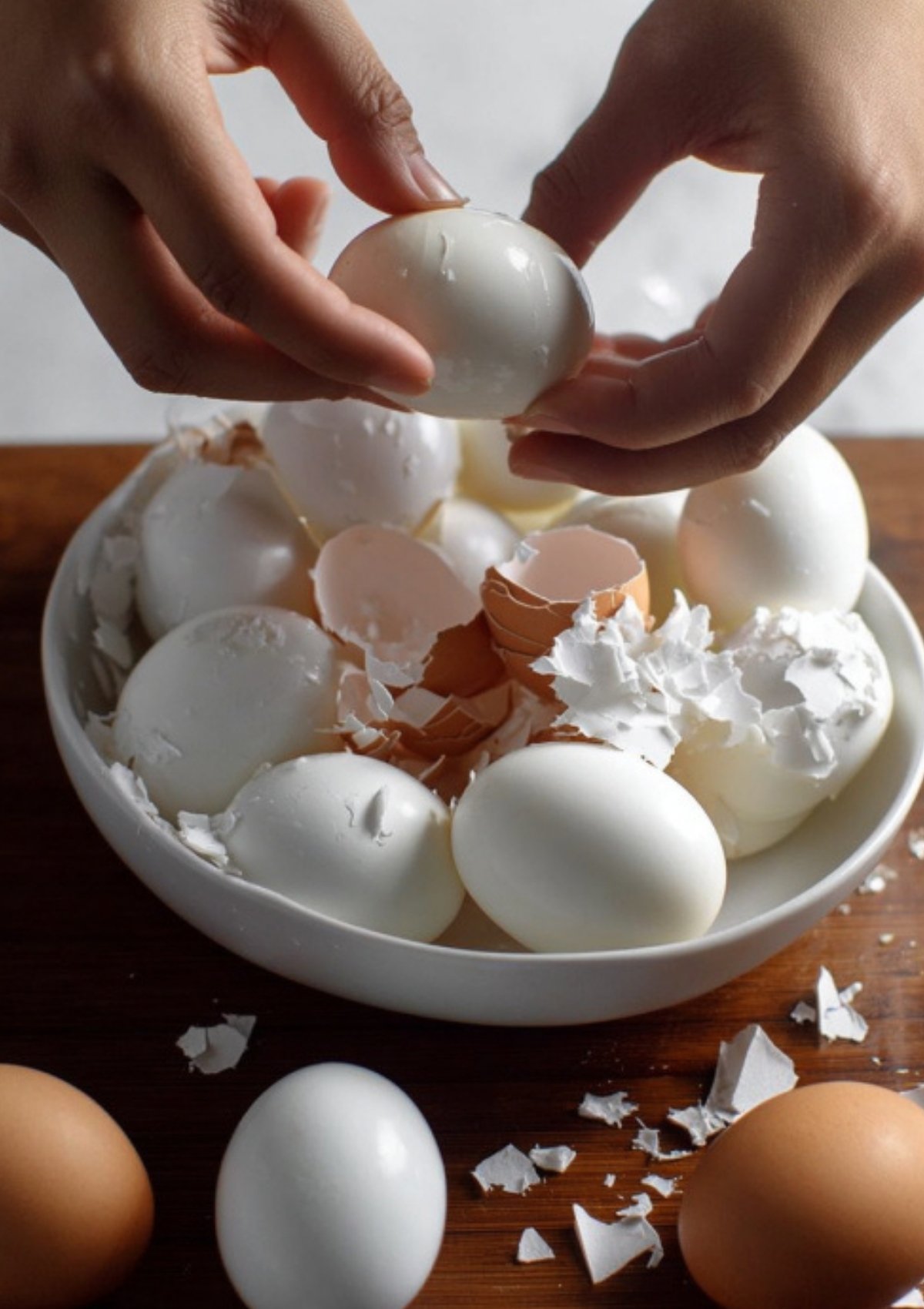 Hands peeling a hard boiled egg over a bowl filled with eggshells and peeled eggs, preparing for soy marinated eggs.