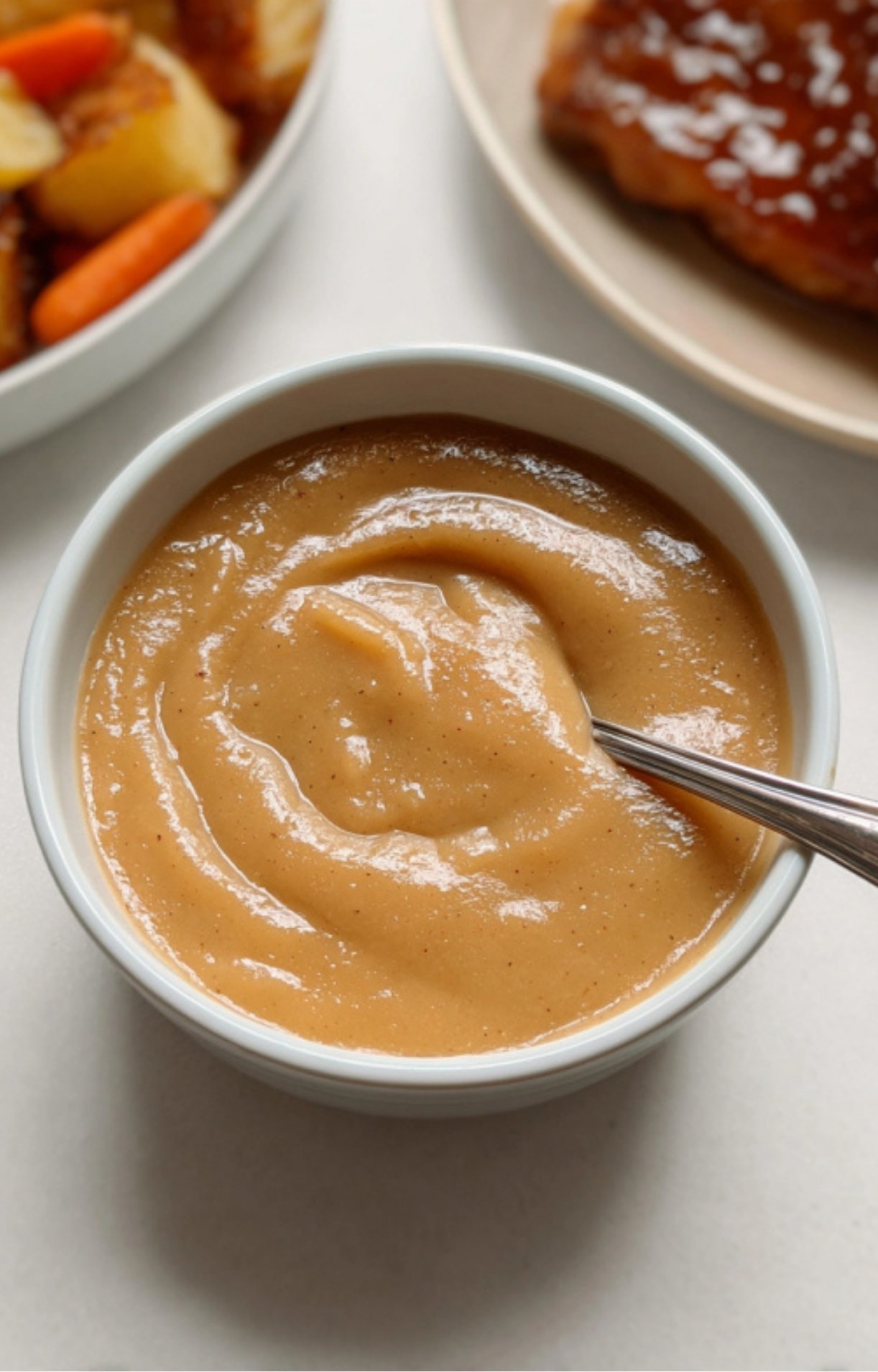 Smooth, golden homemade gravy in a white bowl, ready to serve with classic Sunday roast beef and potatoes.