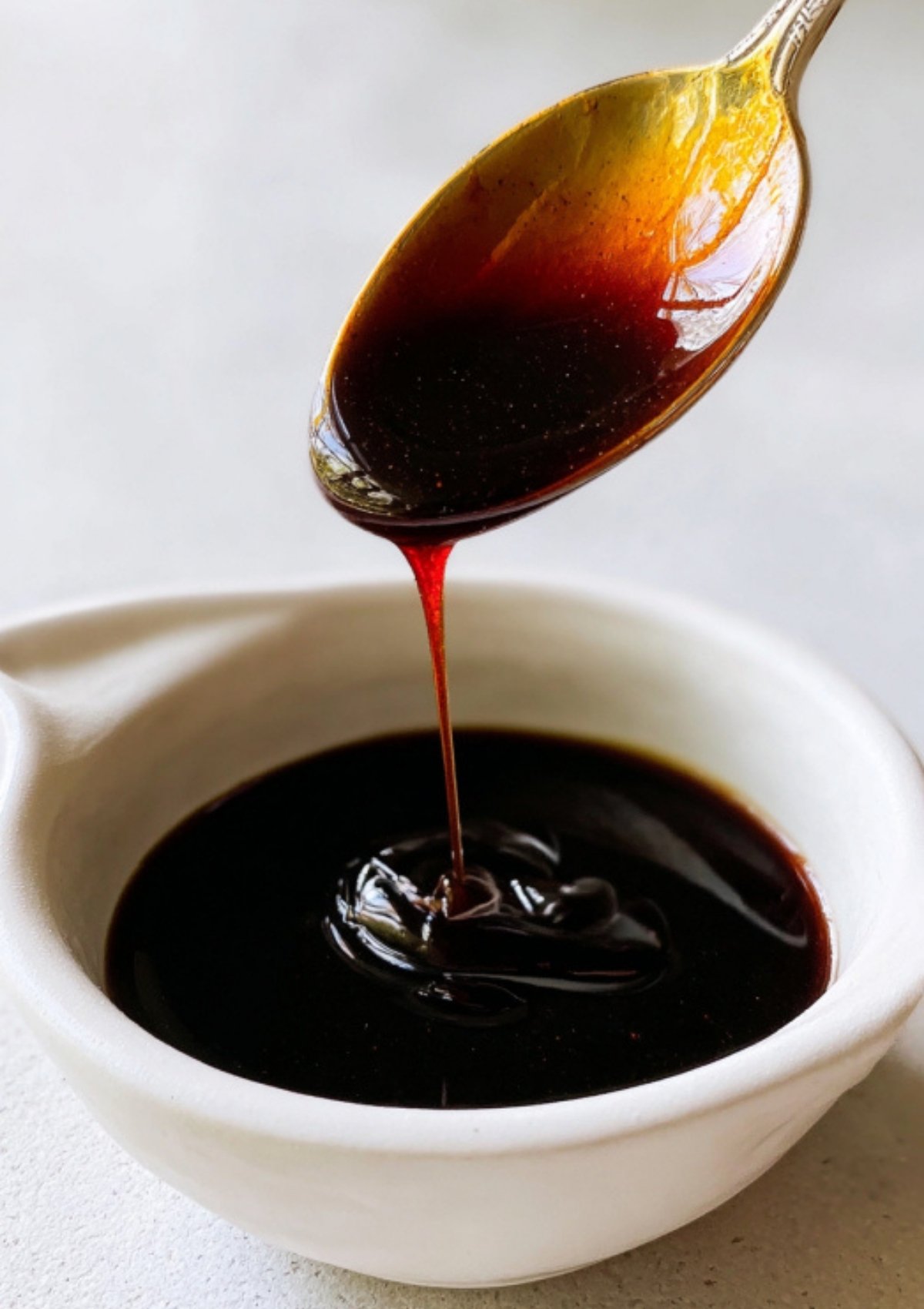 A ceramic dish with rich sweet soy sauce, with a spoon dripping the syrupy kecap manis, perfect for Indonesian cooking.