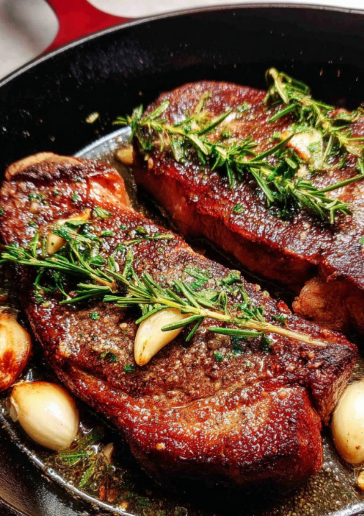 Close up of two steaks in a skillet topped with rosemary and garlic butter. Simple cast iron steak recipe for quick weeknight dinners.