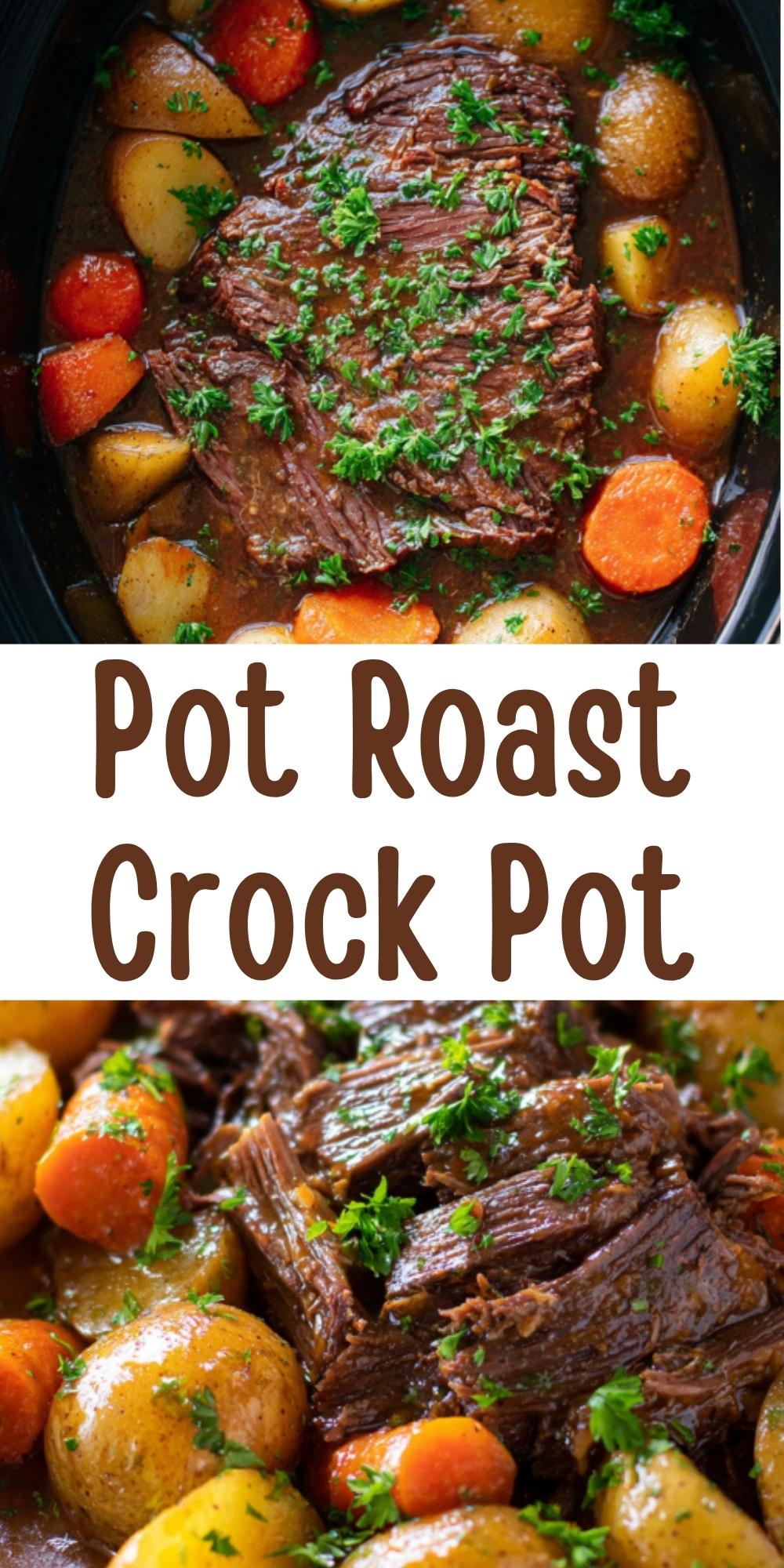 Juicy beef chuck roast with carrots and baby potatoes, slow-cooked in a rich brown gravy and garnished with fresh parsley.