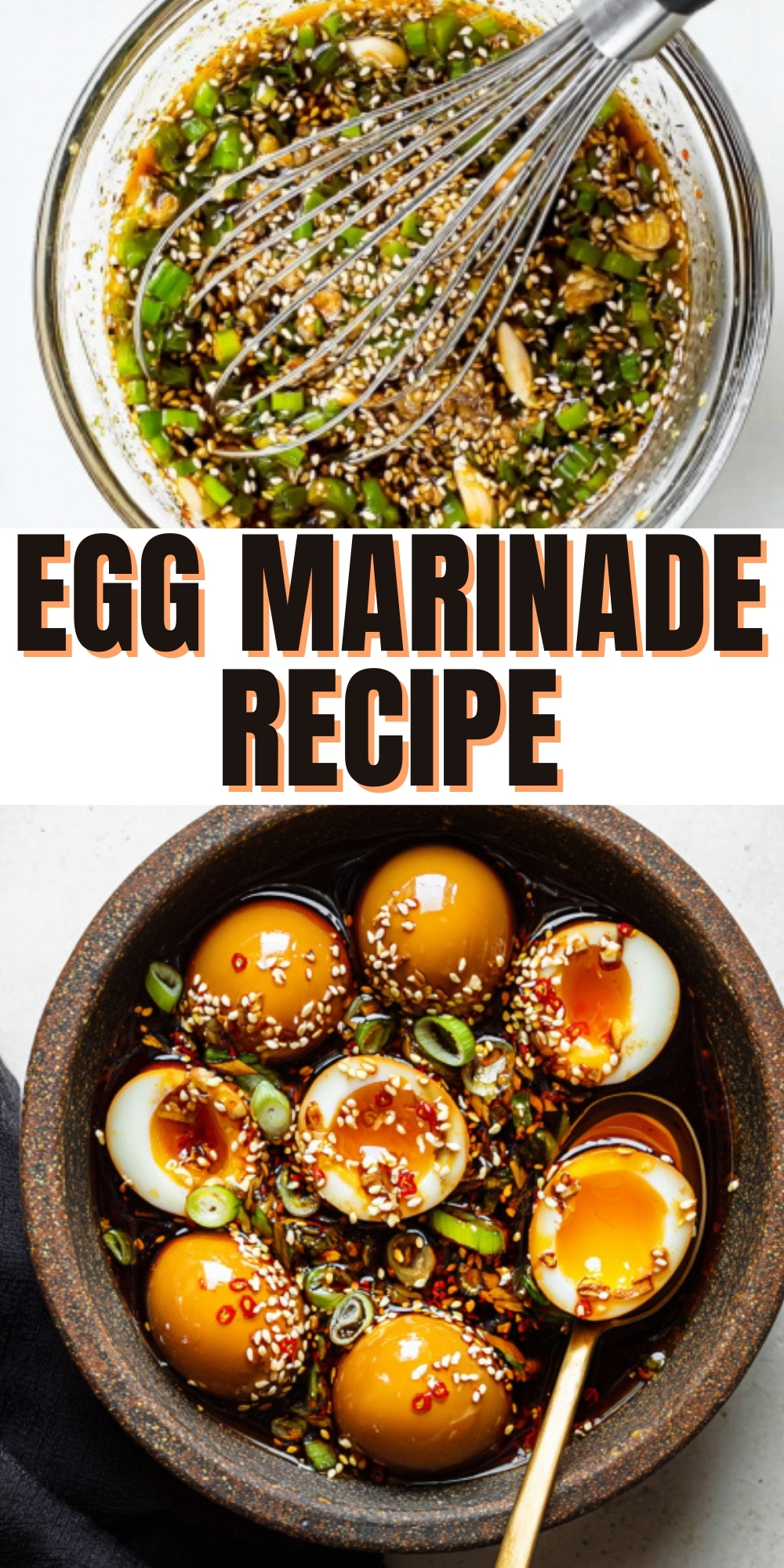Bowl of soy sauce egg marinade with green onions, garlic, and sesame seeds being whisked, and a stone bowl filled with jammy marinated eggs, sesame, and sliced chili.