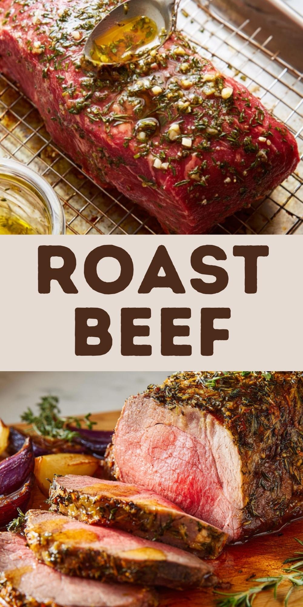 Collage of raw beef roast being seasoned with garlic and herbs, and perfectly sliced roast beef served with potatoes and onions, ideal for Christmas dinner, Sunday roast, and meal prep.
