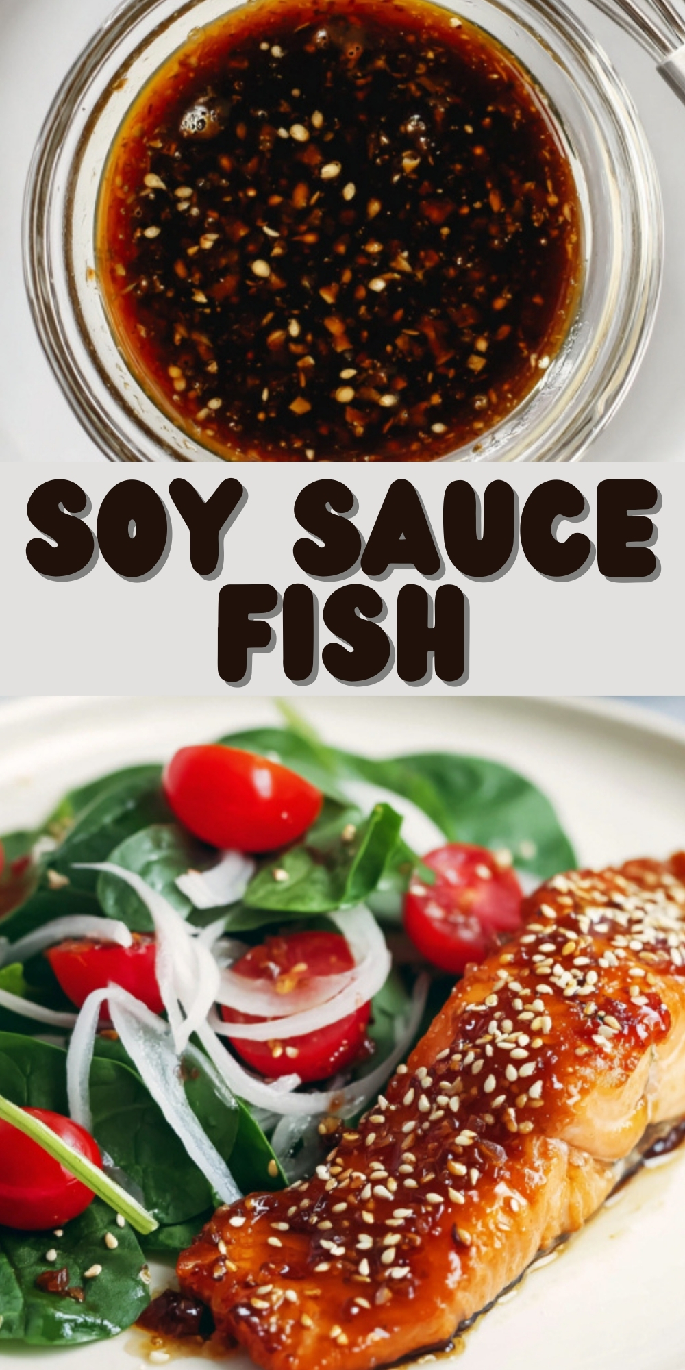 Baked salmon fillet glazed with a sweet and savory maple soy sauce, sprinkled with sesame seeds, and served with fresh spinach, tomatoes, and onions on a white plate.