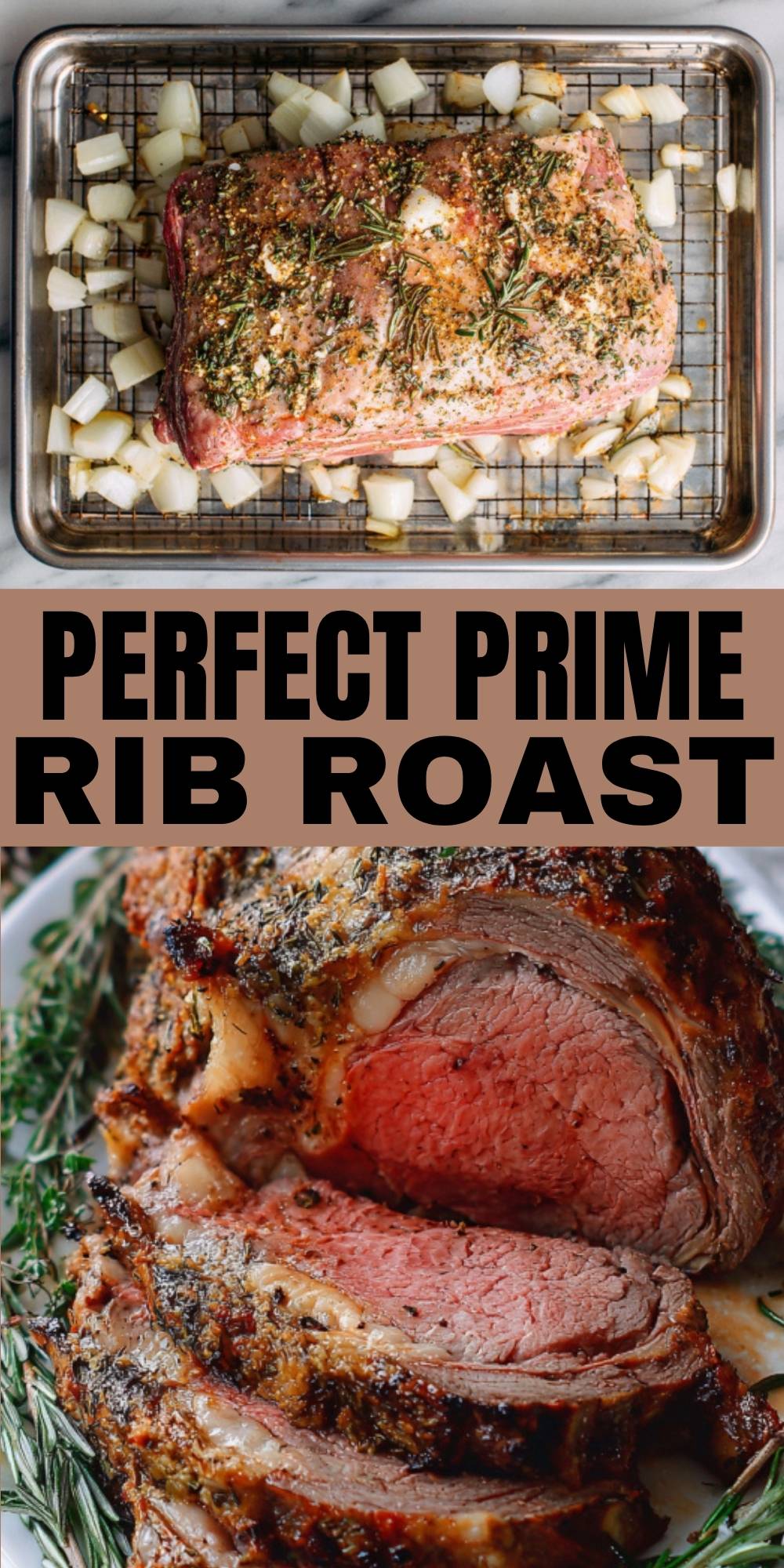 Herb-crusted prime rib roast sliced and ready to serve, featuring a golden crust and juicy pink center, perfect for Christmas, Easter, or special family dinners.