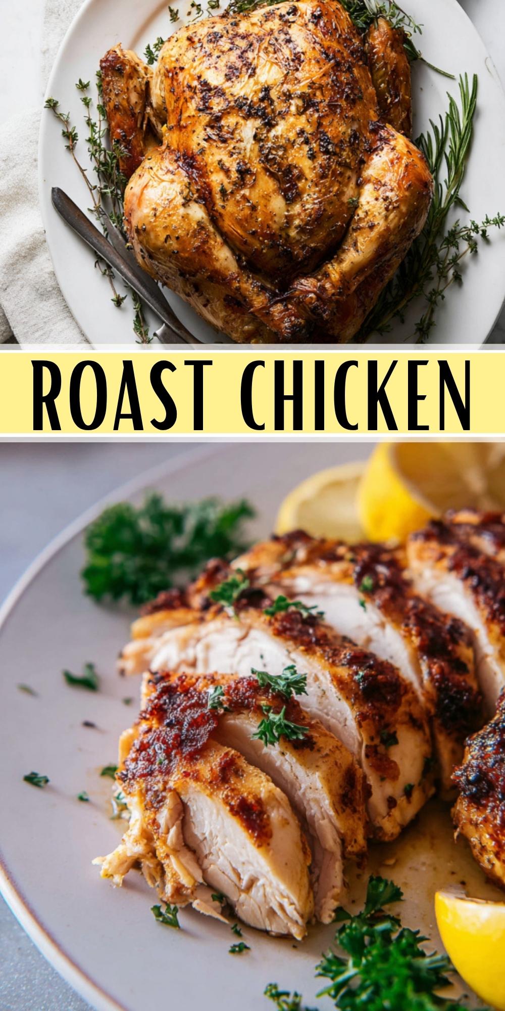 Collage of whole roast chicken with crispy golden skin and juicy sliced roast chicken breast, perfect for meal prep, Sunday dinner, or easy weeknight meals