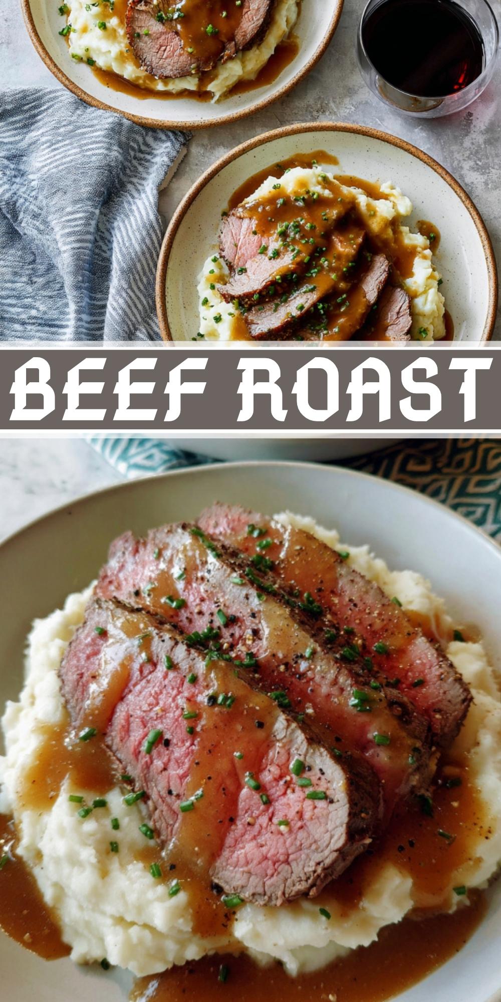 Sliced roast beef served over mashed potatoes, topped with homemade gravy and fresh chives