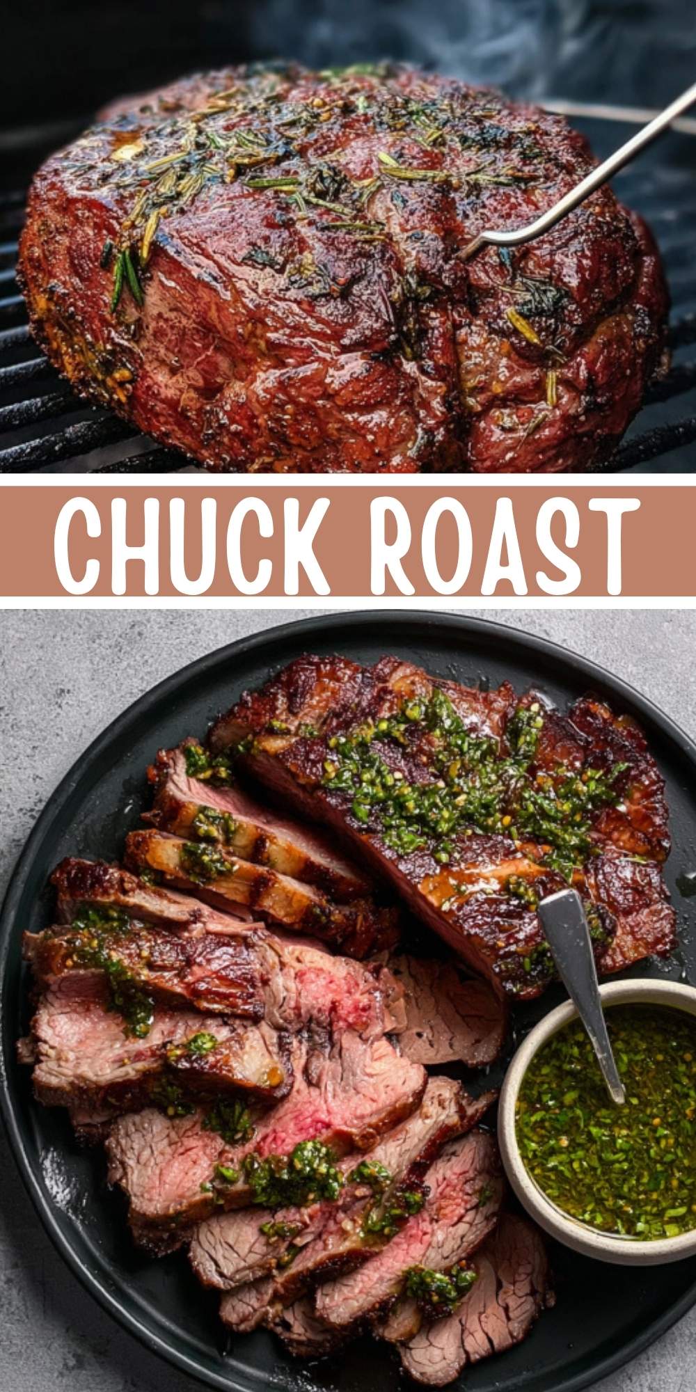 Grilled chuck roast topped with herbs, sliced and served with chimichurri sauce on a black plate. Perfect for summer barbecues, Sunday dinners, and easy beef meals.