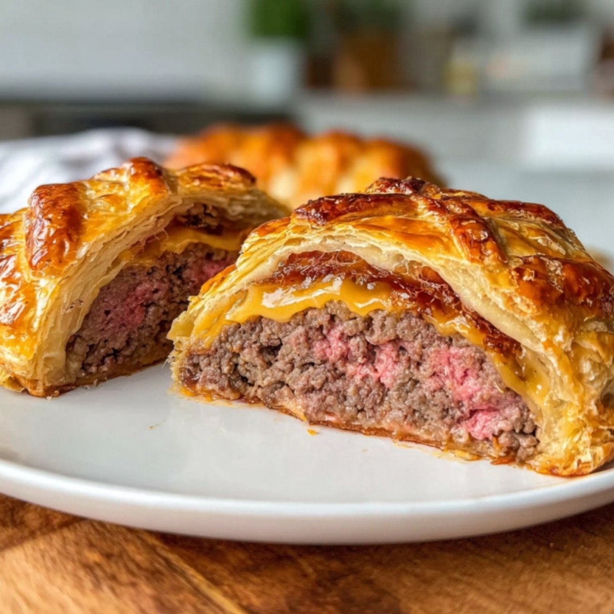 Freshly baked Beef Wellington with a shiny, golden-brown crust cooling on a wire rack. Perfect for entertaining guests at your next holiday party.