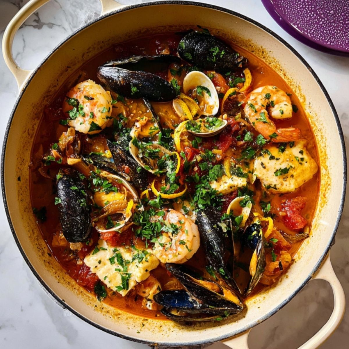 Rustic French bouillabaisse seafood stew in a Dutch oven with shrimp, mussels, clams, and white fish in saffron tomato broth, topped with fresh parsley. Perfect for a cozy holiday dinner or easy Mediterranean meal.