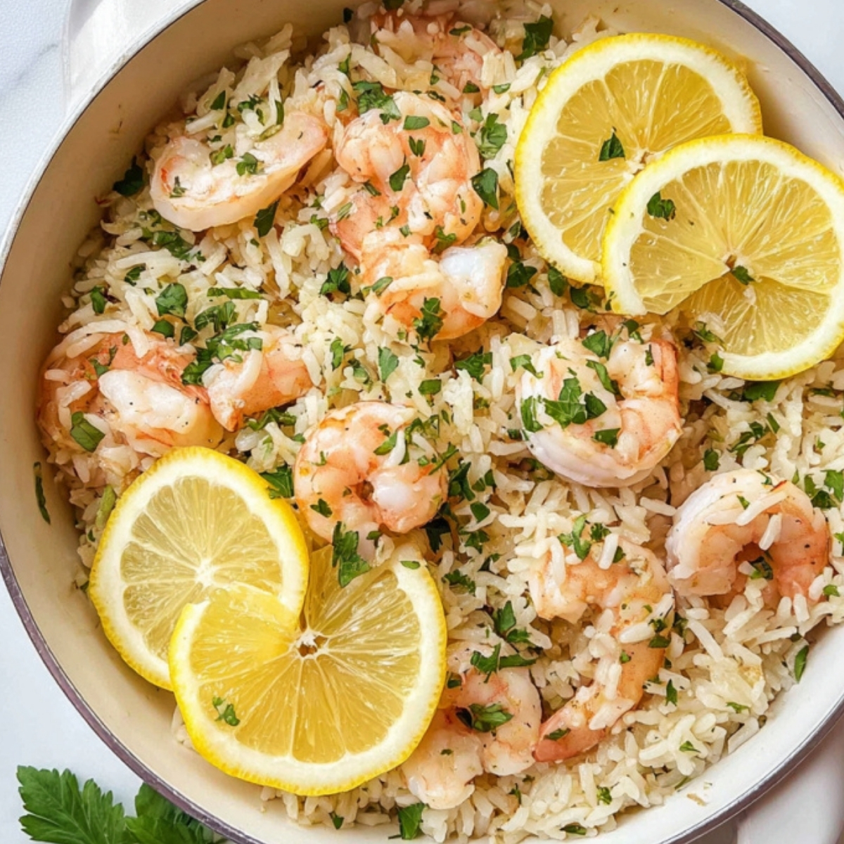 One-pot lemon garlic shrimp and rice, topped with fresh parsley and lemon slices, perfect for a cheap family dinner