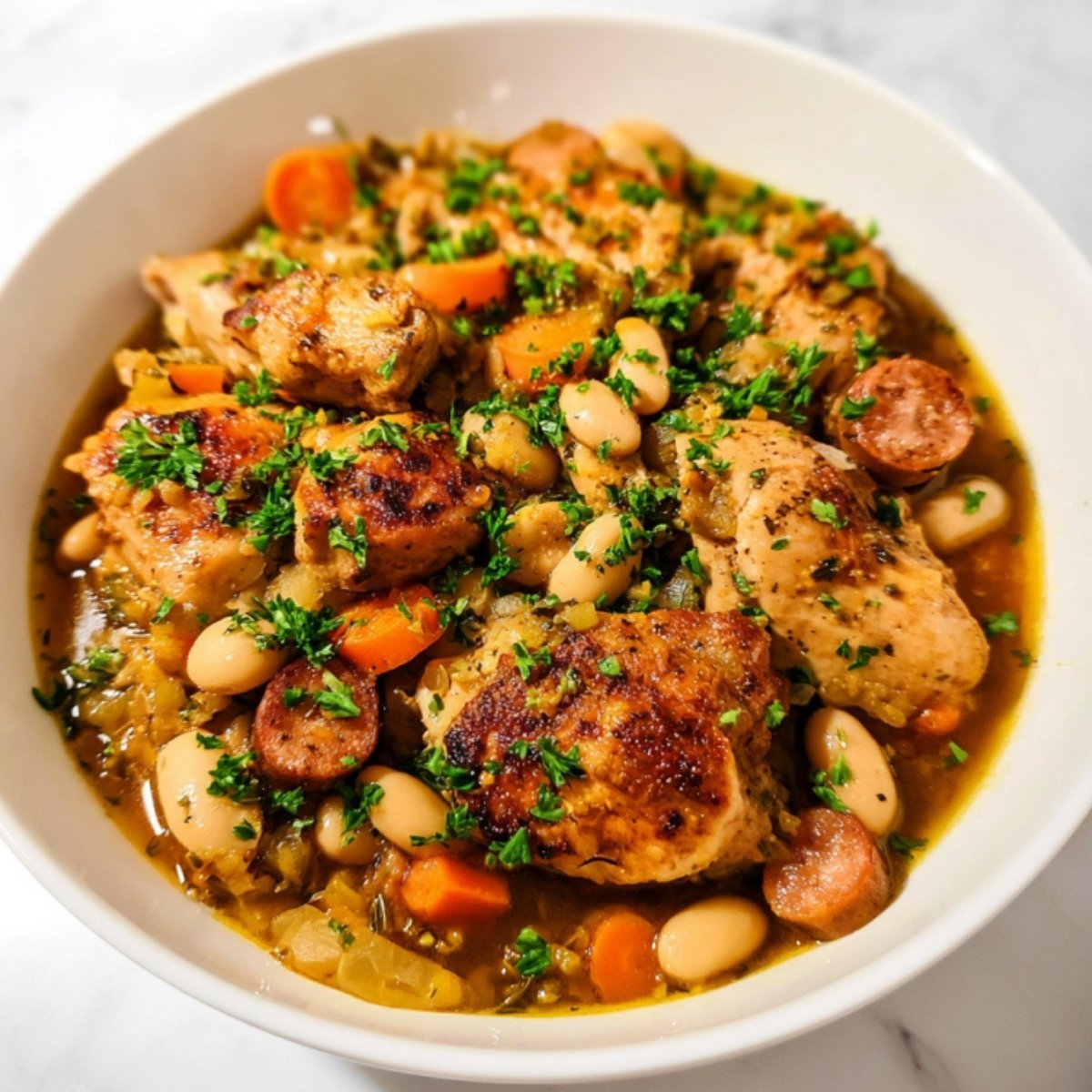 Bowl of Chicken Cassoulet with golden chicken, sausage, white beans, carrots, and fresh parsley for a warming meal.