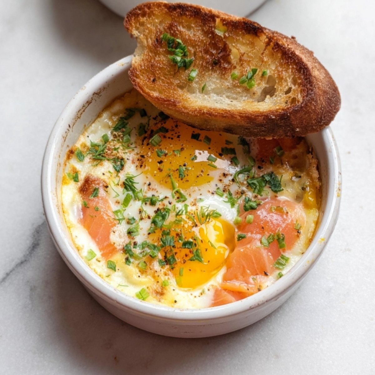 Single-serve baked eggs topped with salmon, chives, and herbs in a small dish, finished with crispy toasted baguette.