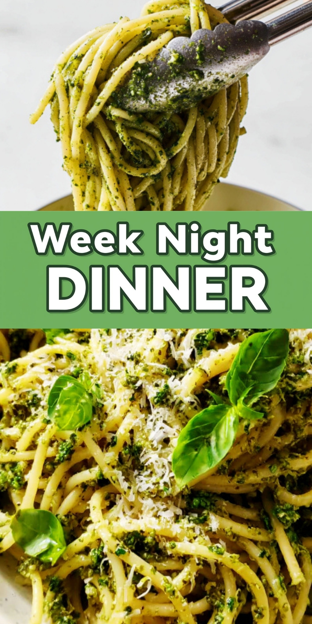 Graphic pin showing vibrant pesto pasta twirled with tongs and served in a bowl, highlighting an easy week night dinner idea with fresh basil, parmesan, and simple homemade Italian flavors.