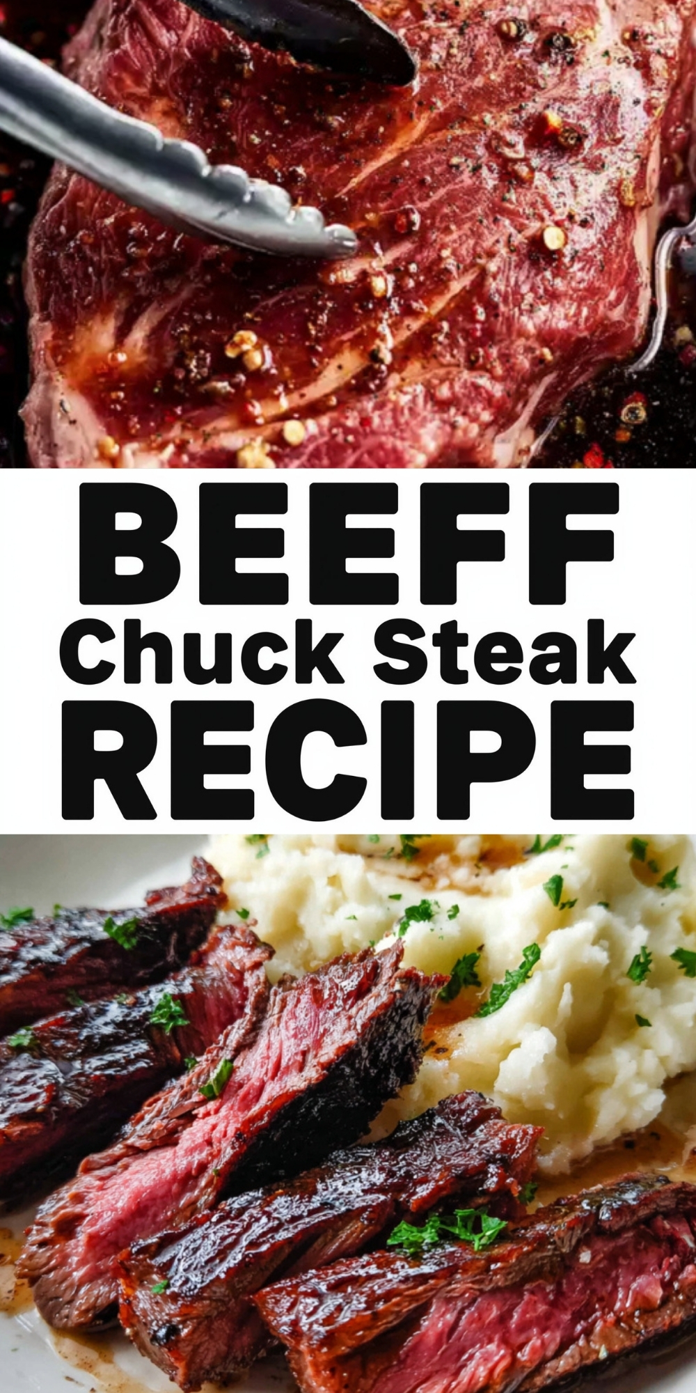 Tender marinated beef chuck steak being seared in a skillet and sliced, served with mashed potatoes for a comforting homemade meal