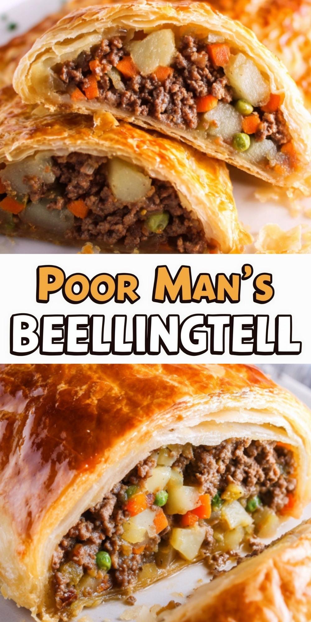 Sliced Poor Man’s Beef Wellington filled with ground beef, potatoes, carrots, and peas, wrapped in golden puff pastry. Easy, affordable dinner idea for cozy nights, meal prep, and holiday gatherings.