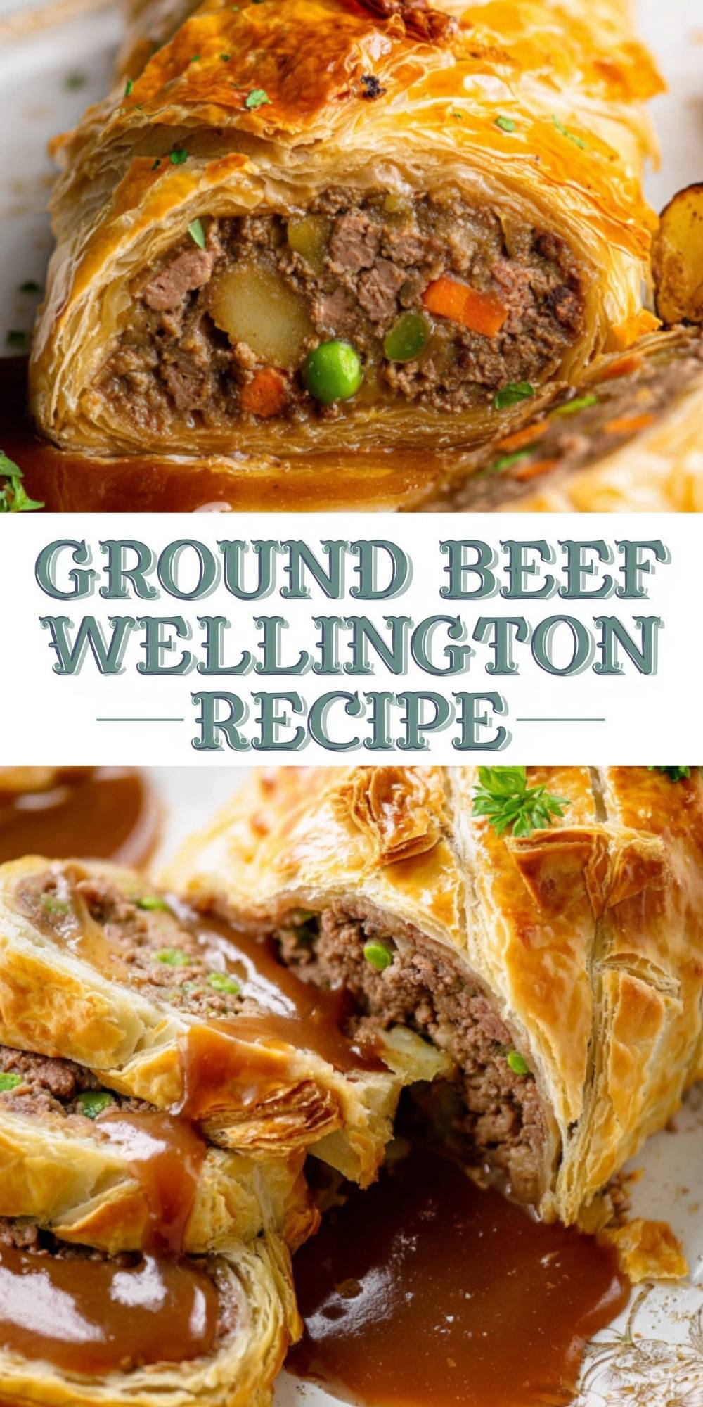 Close-up of golden ground beef wellington with vegetables and rich brown gravy, sliced and ready to serve—an easy, comforting holiday meal.