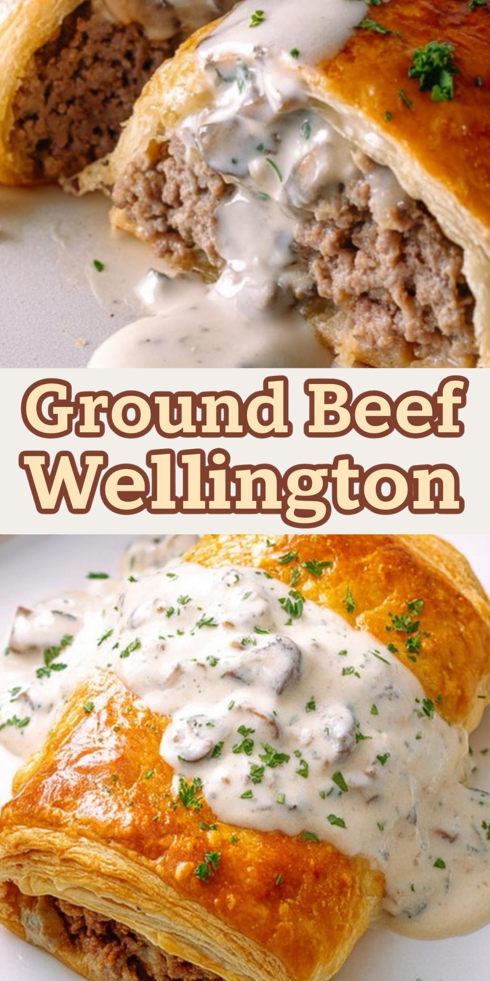 Sliced ground beef Wellington wrapped in golden pastry and topped with creamy mushroom sauce, served on a plate for an easy comfort food dinner.