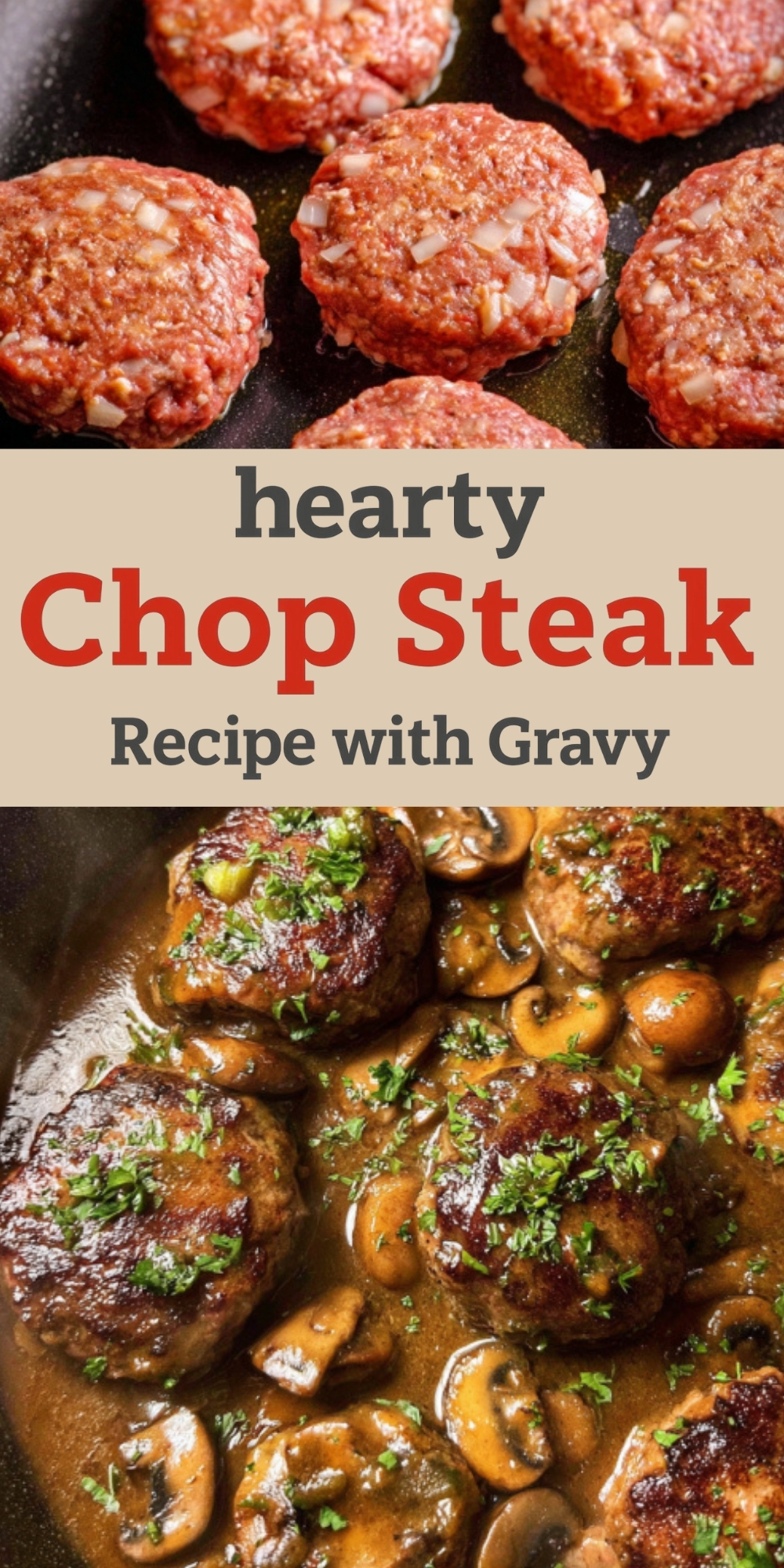 Juicy beef patties with onions in a skillet and topped with rich mushroom gravy, perfect for an easy family dinner.