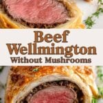Two slices of beef wellington without mushrooms, filled with juicy beef and wrapped in flaky golden pastry, perfect for Christmas, Thanksgiving, or any special dinner