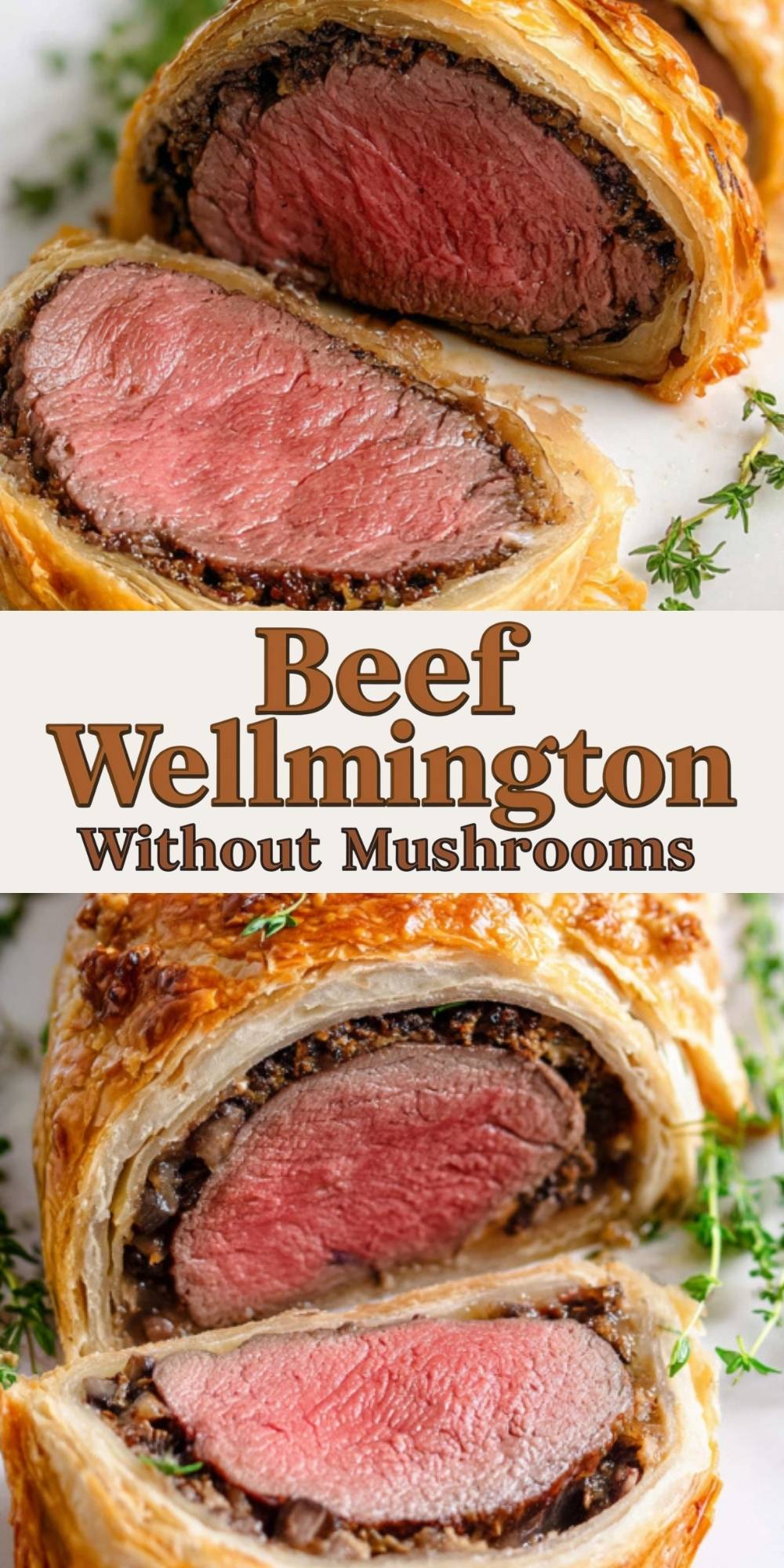 Two slices of beef wellington without mushrooms, filled with juicy beef and wrapped in flaky golden pastry, perfect for Christmas, Thanksgiving, or any special dinner