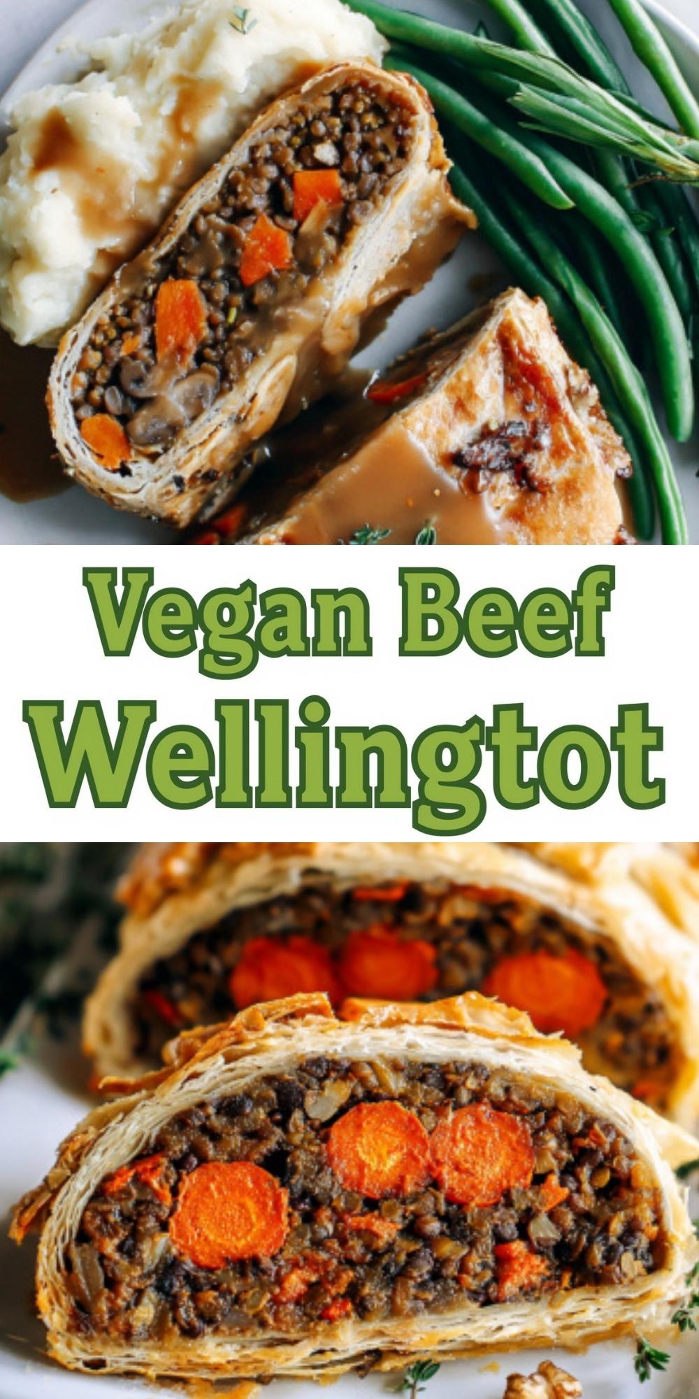 Two images showing vegan beef wellington stuffed with lentils, carrots, and walnuts. The slices are served with mashed potatoes, green beans, and rich brown gravy. Perfect plant-based main for Thanksgiving or Christmas.