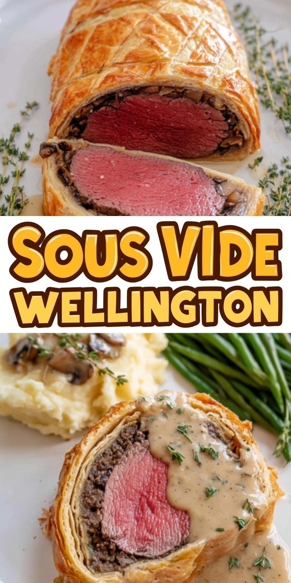 Sliced sous vide beef wellington with golden flaky crust and juicy pink center, served with mashed potatoes and green beans, ideal for holiday or special occasion dinners.