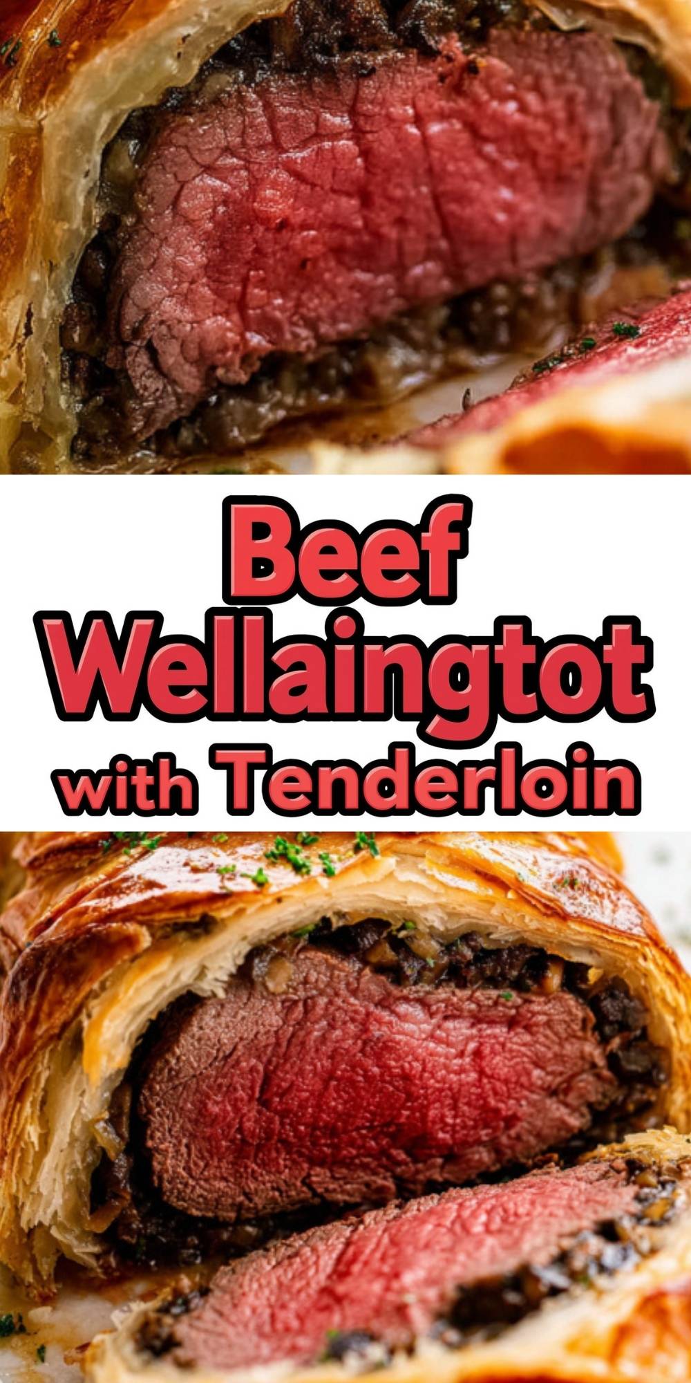 Juicy beef wellington with tenderloin sliced to show a medium rare center and golden pastry, featured as a holiday or special occasion recipe.