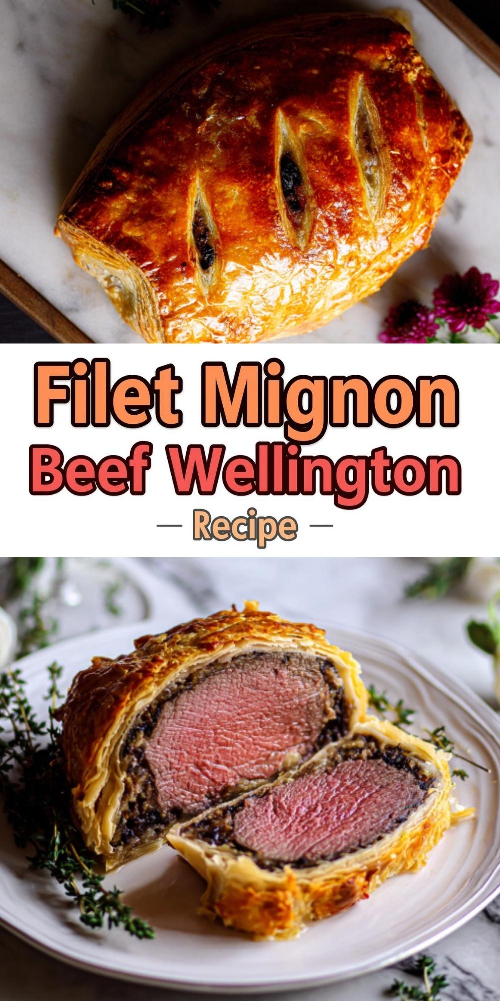 Golden baked beef Wellington filled with tender filet mignon, wrapped in flaky puff pastry, sliced open to show a juicy pink center. Perfect for Christmas, New Year’s, or a special date night dinner.