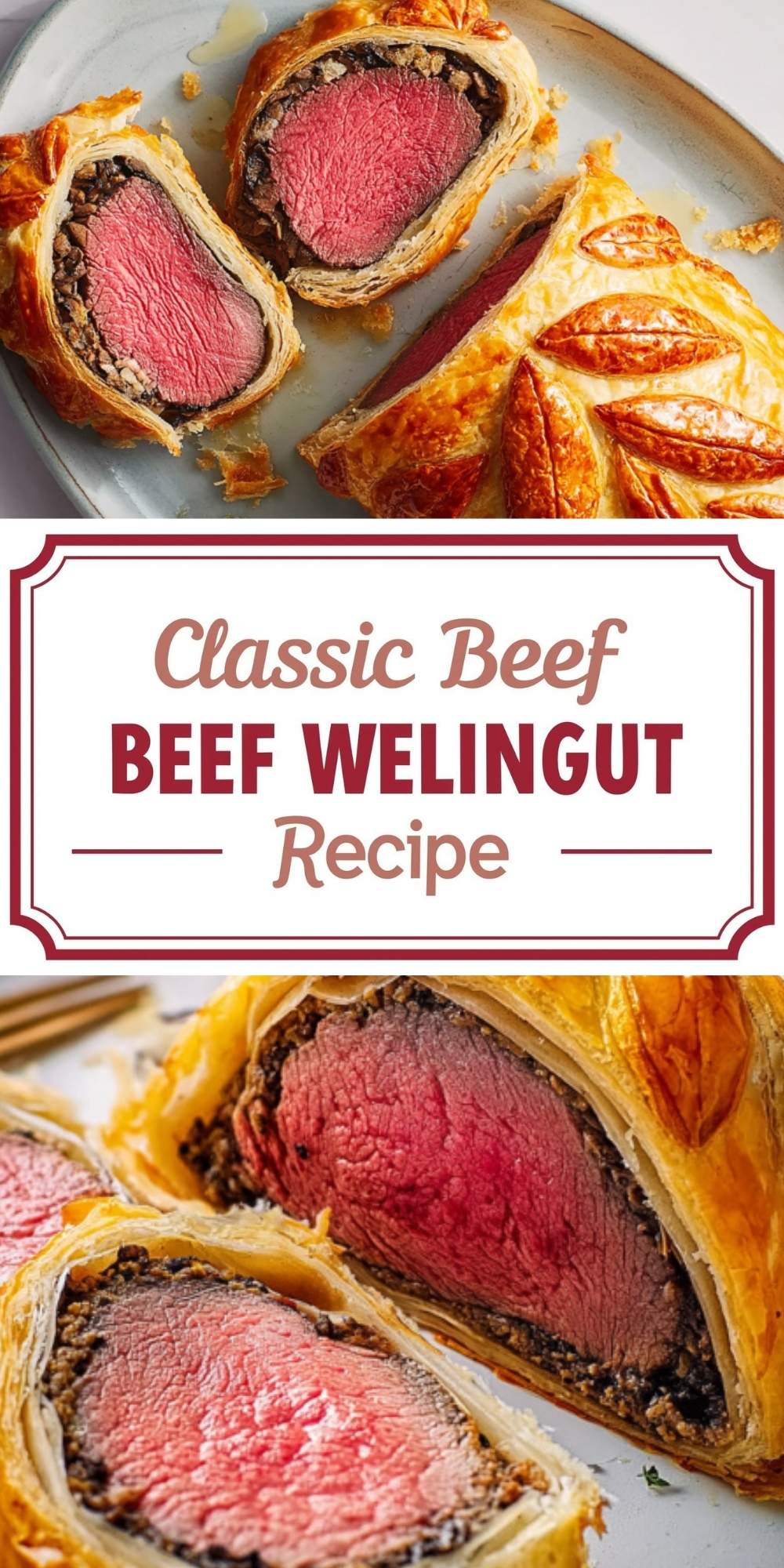 Golden, flaky beef wellington sliced to show tender, pink beef and savory mushroom filling on a plate. This classic beef wellington recipe is perfect for holiday dinners, Christmas celebrations, and elegant entertaining.