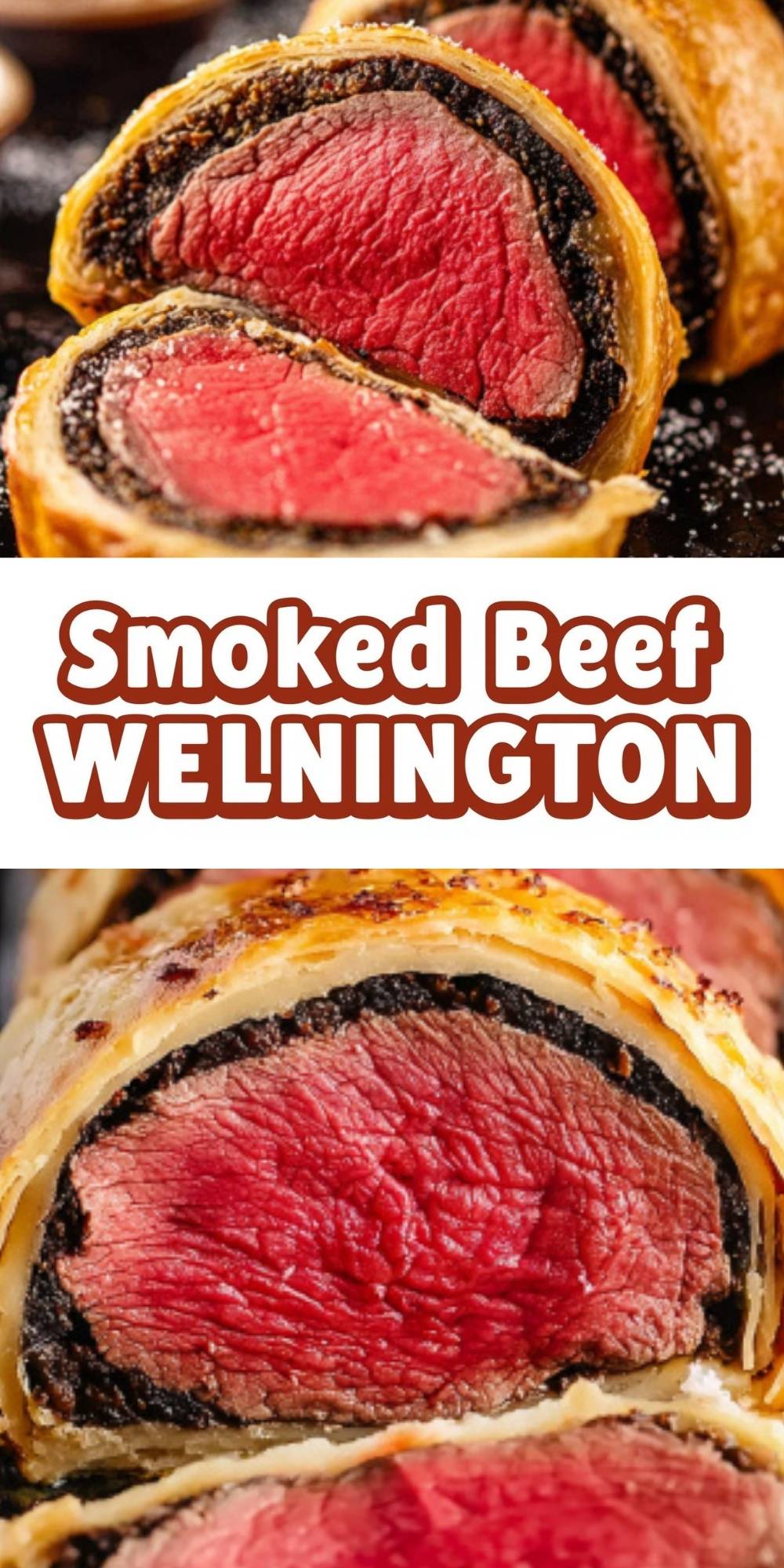 Smoked Beef Wellington sliced open showing medium rare beef wrapped in mushroom duxelles and puff pastry