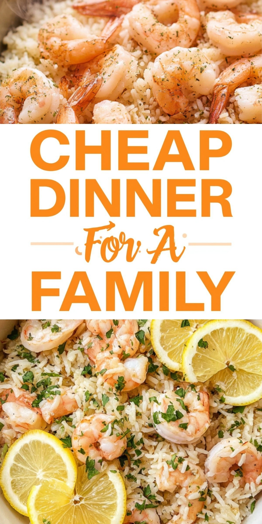 Collage pin showing juicy shrimp over seasoned rice with fresh herbs and lemon slices, highlighting an affordable shrimp and rice dinner perfect for families on a budget