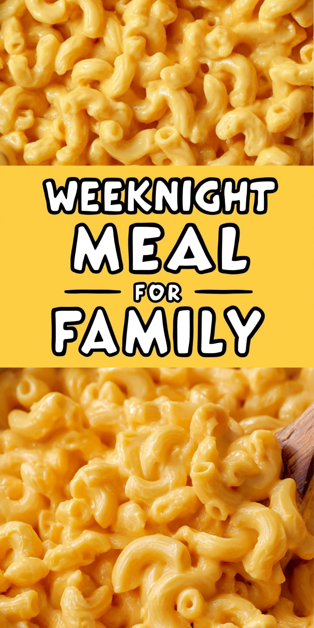 Pinterest pin showing close-up shots of creamy vegan mac and cheese with bold text overlay “Weeknight Meal For Family,” perfect for family dinner inspiration.
