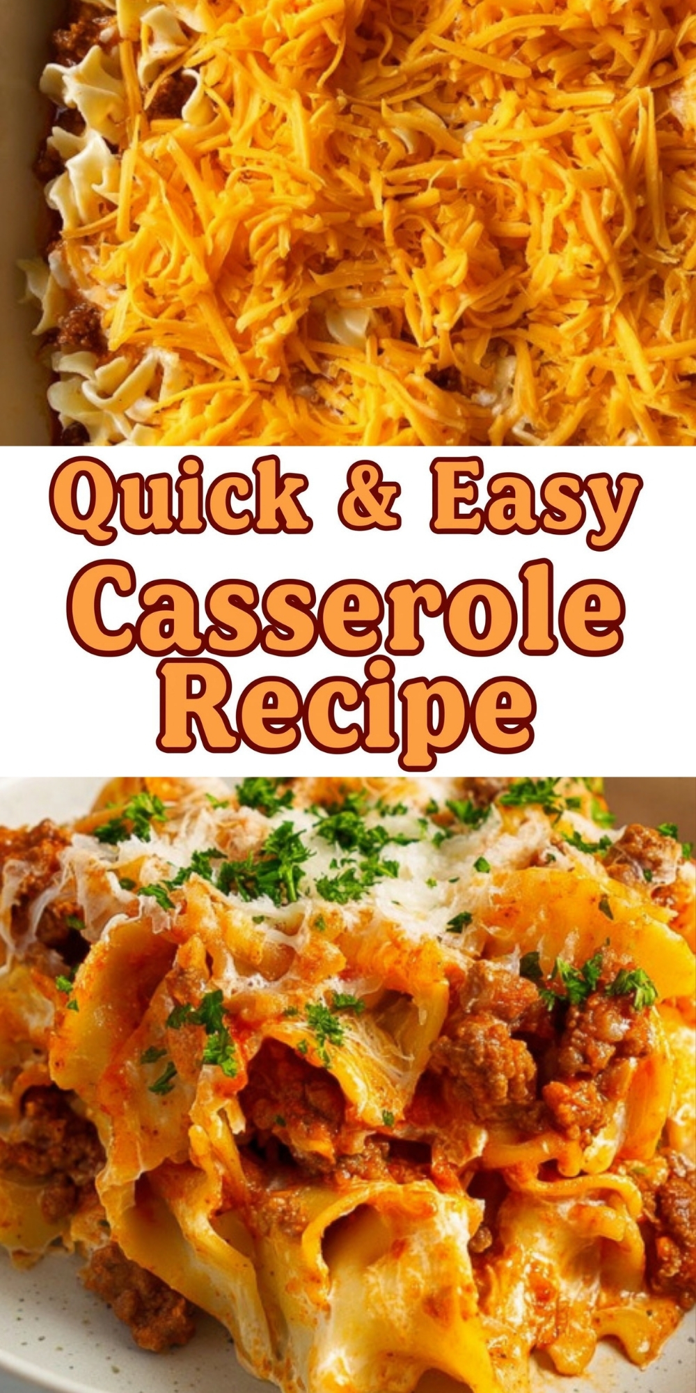 Pin showing a cheesy beef casserole topped with shredded cheddar and fresh parsley, highlighting a quick and easy dinner recipe perfect for busy families.