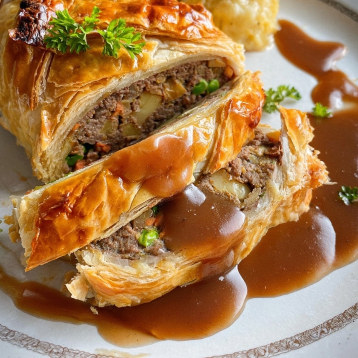 Sliced ground beef wellington with golden pastry, topped with brown gravy, served with mashed potatoes and fresh herbs.