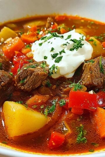 A close-up shot of a rich, red Hungarian Goulash Recipe featuring tender beef chunks, carrots, and potatoes, topped with a dollop of sour cream and fresh parsley.