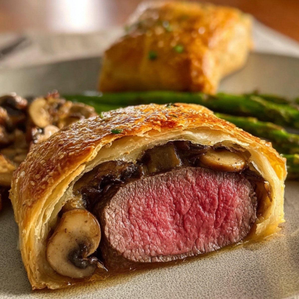 Sliced individual beef wellington with a pink center, surrounded by golden puff pastry, served with asparagus and roasted potatoes. An impressive dinner party or holiday main dish.