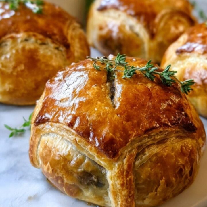 Freshly baked mini beef wellingtons with a shiny, golden puff pastry crust and thyme garnish. Perfect for Christmas, Thanksgiving, or elegant weeknight meals.