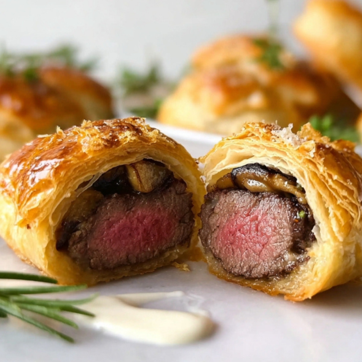 Golden baked Mini Beef Wellington showing juicy steak and savory mushroom filling, perfect for party appetizers and holiday gatherings.
