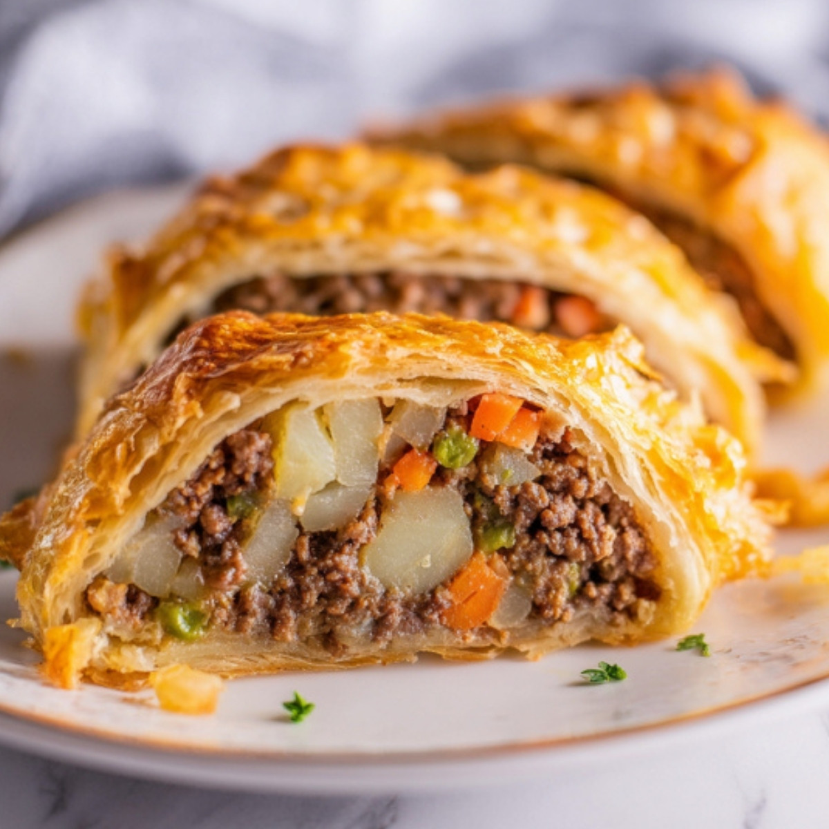 Three slices of Poor Man’s Beef Wellington arranged on a plate. The pastry is crisp and golden, stuffed with ground beef, carrots, peas, and potatoes—great for family meals or holiday dinners.