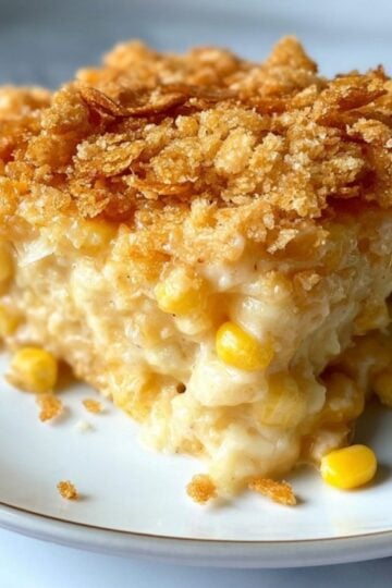 Close-up of a square slice of scalloped corn casserole with crispy cracker topping, ideal for Thanksgiving and potlucks.