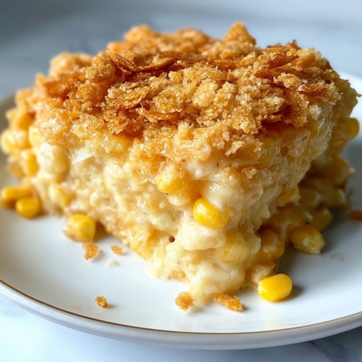 Close-up of a square slice of scalloped corn casserole with crispy cracker topping, ideal for Thanksgiving and potlucks.