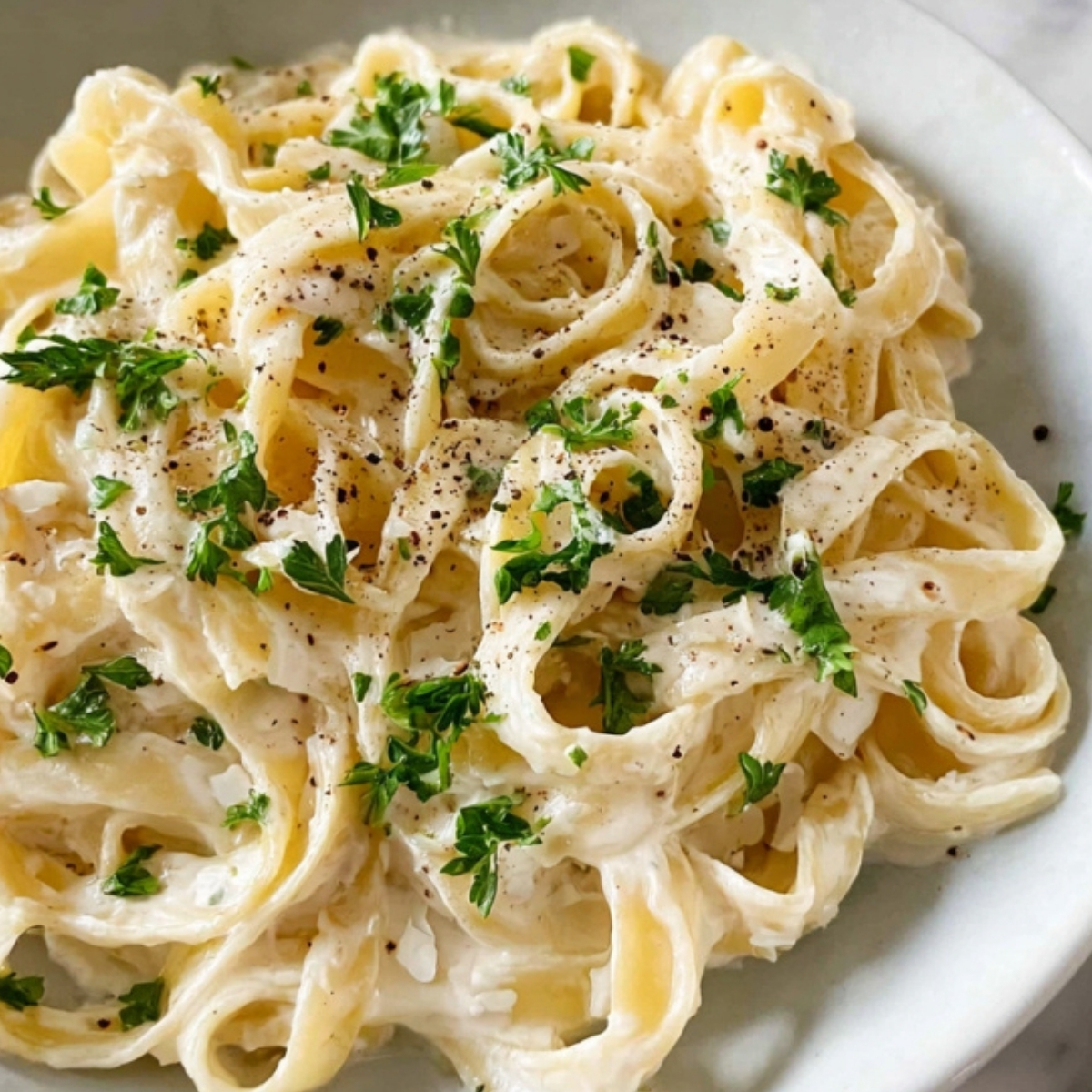 Bowl of fettuccine tossed in creamy cauliflower Alfredo sauce, topped with fresh parsley, perfect for family dinner or meatless Monday.