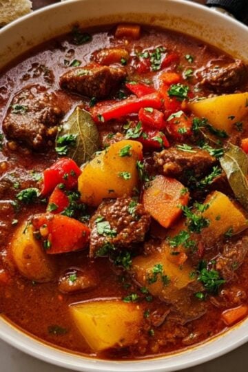 A bowl of traditional Hungarian goulash with beef, potatoes, carrots, and peppers, garnished with parsley.
