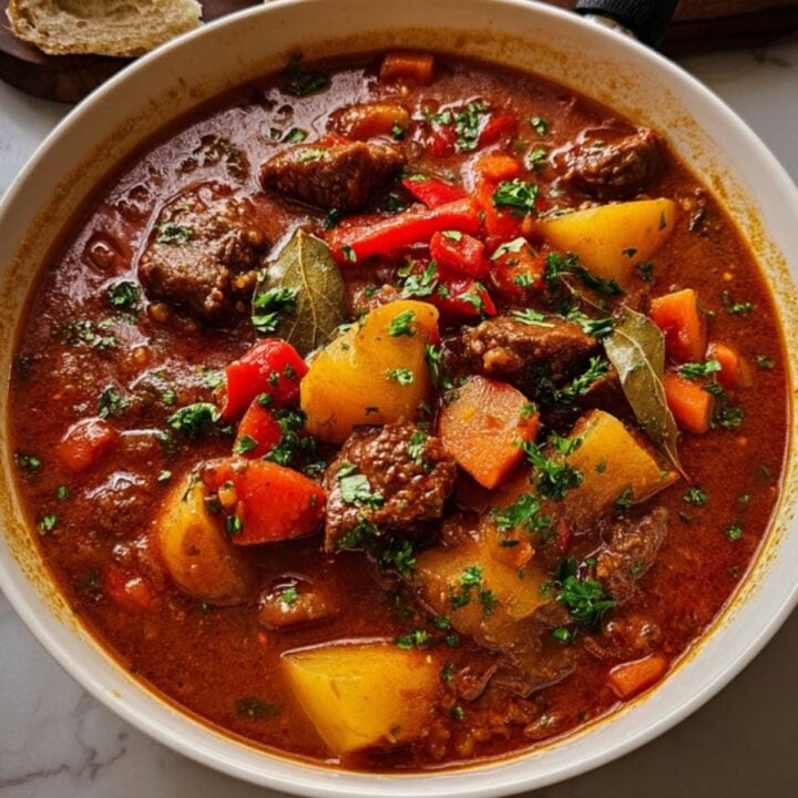 A bowl of traditional Hungarian goulash with beef, potatoes, carrots, and peppers, garnished with parsley.
